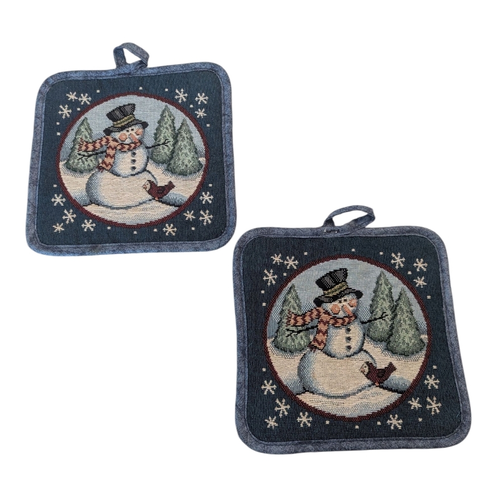 Vintage Set Of 2 Tapestry Winter Holiday Snowman Pot Holders Potholders